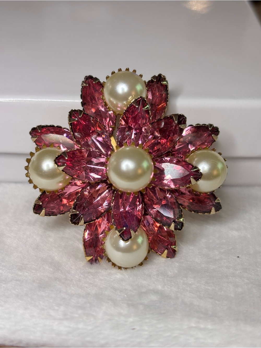 Vintage Beau Jewels Attributed Pink Rhinestone Faux Pearl Brooch